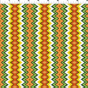 May include: A colourful fabric with a repeating pattern of green, orange, yellow, and white zigzags and diamonds.