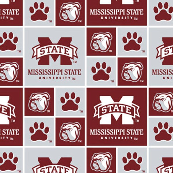 NCAA/Cotton-Mississippi State Blocks - Sykel Enterprises - 100% Cotton Woven Fabric, Choose Your Cut