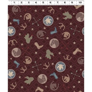 May include: A maroon fabric with a repeating pattern of cowboy-themed illustrations. The pattern includes horseshoes, cacti, stars, boots, arrows, and horses.