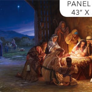 May include: A painting depicting the Nativity scene with a bright star in the night sky. The scene includes Mary, Joseph, baby Jesus in a manger, and several other figures gathered around. The painting is set in a barn with a large open doorway.