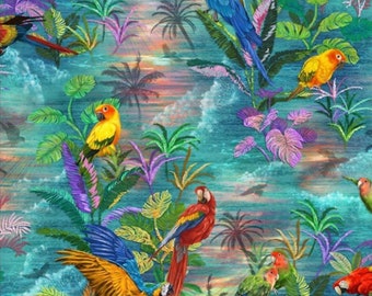 Parrot Isle - # 59-7231 Aqua - von Oasis Fabrics - Baumwollstoff - Schnitt wählbar