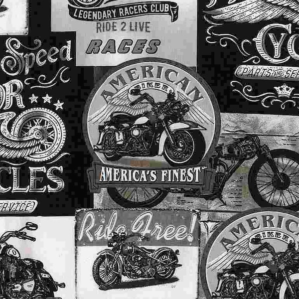 Timeless Treasures - # C8049 Grey - Packed Vintage Motorcycle Signs - Enjoy the Ride Collection - 100% Cotton Woven Fabric - Choose Cut
