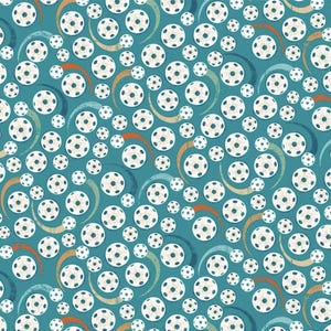 May include: A teal blue background with a repeating pattern of white circles with black dots inside. The circles are surrounded by white and orange curved lines.