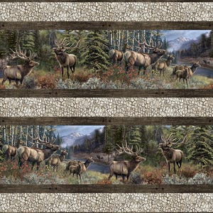 May include: A repeating pattern featuring elk in a forest scene with mountains in the background. The elk have large antlers and are surrounded by trees and foliage. The design is framed by textured, wood-like borders.