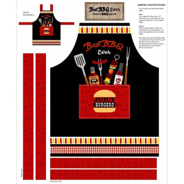 Best BBQ Ever - Chef's Apron - DCX10536 - by Michael Miller - 100% Cotton Woven Fabric Panel - Instructions for Sewing Printed on the Fabric