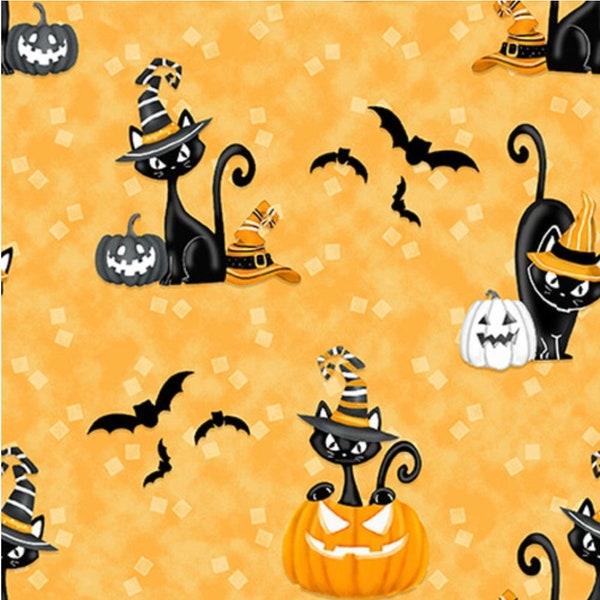 Olde Salem's Black Hat Society - Black Cats & Pumpkins Glow - #316G-33 Orange - by Henry Glass - 100% Cotton Woven Fabric - Choose Your Cut