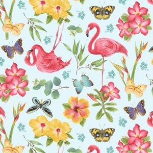 Pink Paradise - Tossed Flamingos And Flowers - Multi - # GLA-9864-78 - by Henry Glass - 100% Cotton Woven Fabric, Choose Your Cut