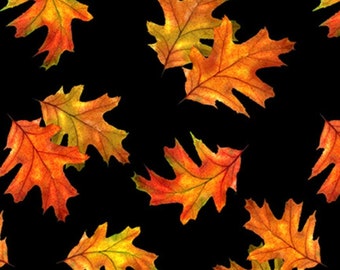 May include: A seamless pattern of autumn leaves in shades of orange, yellow, and red on a black background. The leaves are arranged in a random pattern and are all facing different directions.