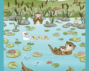 River Romp - 2/3 Yard Panel - #871P-76 Teal - Verspielte Otter und Enten im Wasser - von Henry Glass - Panel aus 100% Baumwollgewebe