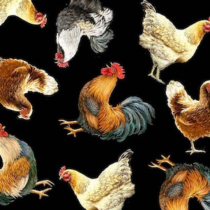 May include: A black background with a repeating pattern of colourful roosters and hens. The roosters have red combs and wattles, and the hens have yellow combs and wattles. The chickens are in various poses, some standing, some walking, and some pecking at the ground.