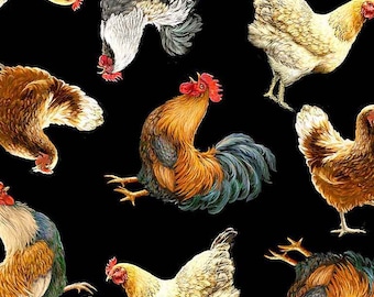 Timeless Treasures - TOSSED CHICKENS - Pattern # DONA-C8339 - Black - 100% Cotton Woven Fabric - Choose Cut