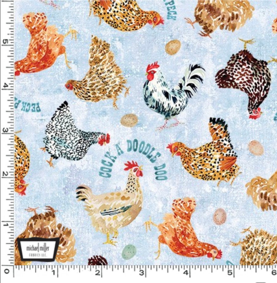 Free Range - Pattern #DC11342-BLUE-D - Cock A doodle Doo - by Michael Miller - 100% Cotton Woven Fabric - Choose Your Cut