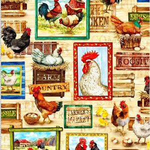 May include: A colorful illustration featuring roosters, hens, and chicks on a woodgrain background. The image includes various signs with text such as "Fresh Eggs", "Farm Country", "Farmer's Market", "Welcome Farm", and "Roosters".