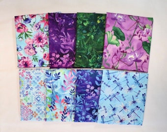 Dragonfly Lagoon - 8 Fat Quarters - by Henry Glass - Dragonflies, Flowers, Cattails - 100% Cotton Woven Fabrics - May Purchase With Panel