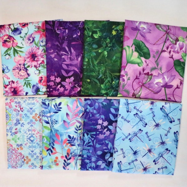 Dragonfly Lagoon - 8 Fat Quarters - by Henry Glass - Dragonflies, Flowers, Cattails - 100% Cotton Woven Fabrics - May Purchase With Panel