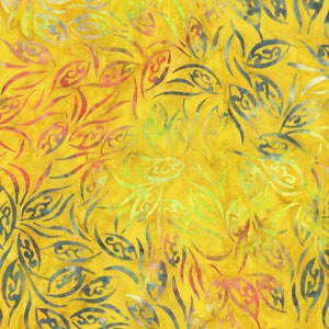 May include: A yellow fabric with a blue and green floral pattern. The pattern is made up of stylized leaves and flowers.