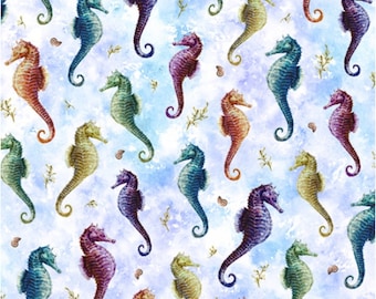 Mareas de color - Caballos de mar - #V5260-290-Seahorse - por Hoffman - Tela tejida 100% algodón - Elige tu corte