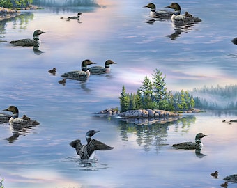 Loons on the Lake Scenic - Pattern # 8910 Blue - Elizabeth&#39;s Studio - 100% Cotton Woven Fabric - Choose Your Cut
