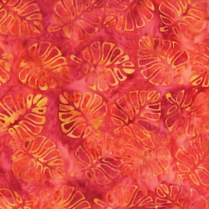 May include: Red fabric with a gold leaf pattern. The leaves are stylized and have a tropical feel.