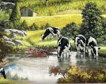 Animal Traditions - Cows at the River - by David Textiles - 100% Cotton Woven Fabric, Choose Your Cut
