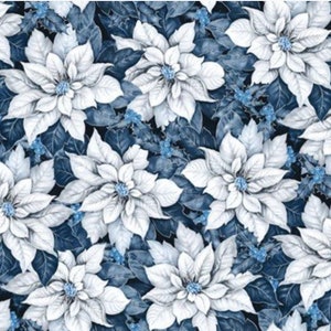 May include: A seamless pattern featuring white poinsettia flowers with blue leaves on a dark blue background.