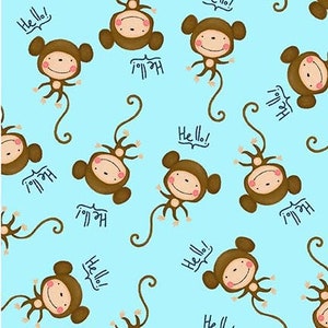 May include: A seamless pattern featuring brown monkeys with smiling faces on a light blue background. The monkeys are holding onto a tail that is curled into a circle. The text "Hello!" appears in a blue font throughout the pattern.