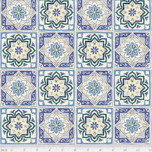 May include: A repeating pattern of blue, green, and yellow tile designs. The tiles feature a starburst pattern with intricate details. The background is white.