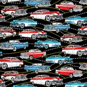 Life&#39;s a Kick - Classic Cars - # 1656-99 Black - Historic Route 66 - America&#39;s Highway - Blank Quilting - 100% Cotton Woven Fabric