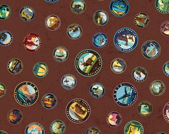 National Parks Emblems Brown - #CD13292 - by Riley Blake, 100% Cotton Woven Fabric, Choose Your Cut
