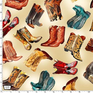 May include: A beige background with a repeating pattern of colorful cowboy boots. The boots are in various styles and colors, including brown, red, blue, and gold. Some boots have intricate embroidery and fringe details.