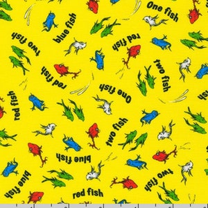 A Little Seuss - # ADE-20827-5 YELLOW - One Fish Two Fish - Red Fish Blue Fish - by Robert Kaufman - 100% Cotton Woven Fabric - Choose Cut