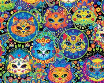 Timeless Treasures - #7817 - Bright Cat Sugar Skulls - 100% Cotton Woven Fabric - Choose Your Cut