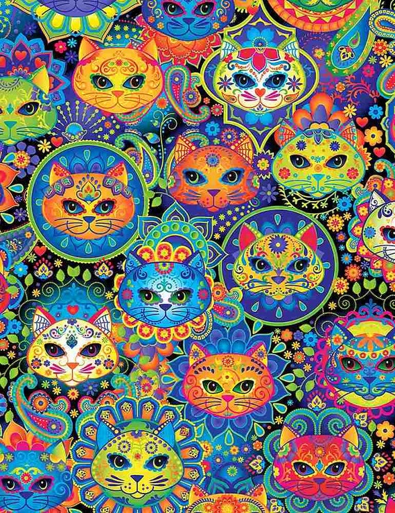Timeless Treasures - #7817 - Bright Cat Sugar Skulls - 100% Cotton Woven Fabric - Choose Your Cut