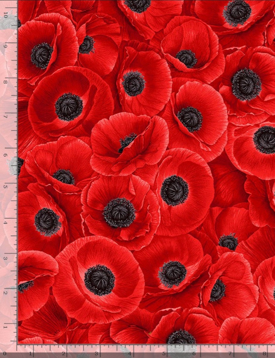 Poppy Center / Set of Four Printed Photo Fabric Panels for Quilting