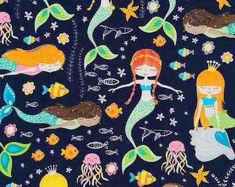 Timeless Treasures - Pattern # 7436 - Swimming Glitter Mermaids - 100% Cotton Woven Fabric - Choose Your Cut