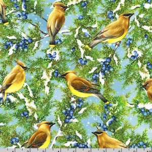 May include: A blue and green fabric with a repeating pattern of cedar branches, blue berries, and yellow birds. The birds are perched on the branches and have a yellow breast and brown wings.