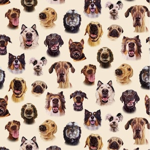 以下が含まれることがあります： さまざまな毛色と模様を持つ犬種を特徴とするシームレスパターン。犬は表情豊かな顔で漫画風で描かれており、薄いベージュの背景に配置されています。