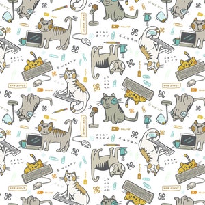 Keyboard Cats Mischief - #Y3432-1 White - by Clothworks - 100% Cotton Woven Fabric - Choose Your Cut