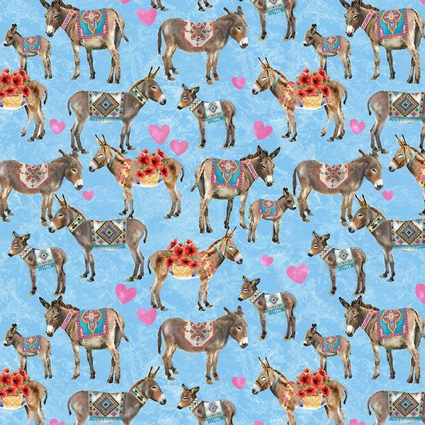 Donkey Love - Donkeys on Blue with Colorful Blankets - by Paintbrush Studios - 100% Cotton Woven Fabric - Choose Your Cut