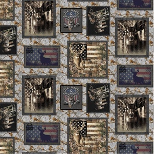 May include: A seamless pattern featuring a camouflage background with repeated images of deer, American flags, and the text "Life, Liberty & Pursuit of Whitetails".