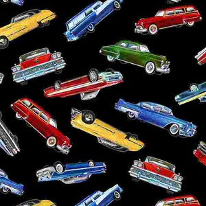 Tossed Classic Cars on Black - #C7983 - by Timeless Treasures - 100% Cotton Woven Fabric - Choose Your Cut