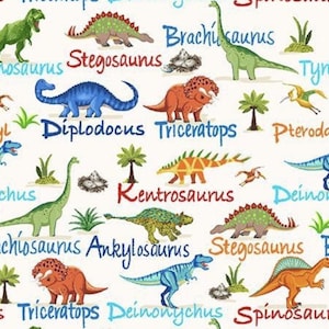 May include: A white background fabric featuring colorful dinosaur illustrations and names. Dinosaurs include Tyrannosaurus, Stegosaurus, Diplodocus, Triceratops, and Pterodactyl. The design also includes palm trees and eggs.