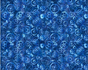 Locomotion - Packed Gears Blue - #28674 W - by Quilting Treasures - 100% Cotton Woven Fabric - Choose Cut