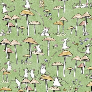 May include: A whimsical pattern featuring white mice interacting with tan and pink mushrooms on a light green background. The illustration style is reminiscent of a children's book, with delicate floral accents and a playful atmosphere.