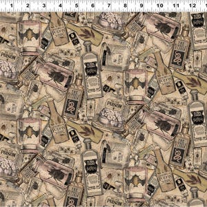May include: A repeating pattern featuring vintage apothecary bottles, jars with insects, and labels with text like "Poison" and "Miracle Elixir." The color palette includes beige, brown, and touches of pink, creating a spooky, antique aesthetic.