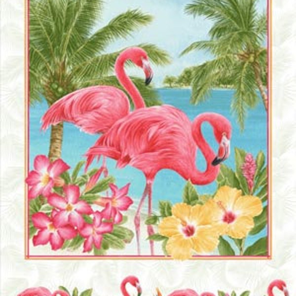 Pink Paradise - 24 Inch Panel - Multi - Flamingos in Tropical Paradise - #GLA-9870P-78 - by Henry Glass - 100% Cotton Woven Fabric Panel