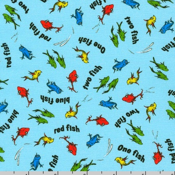 A Little Seuss - # ADE-20827-4 BLUE - One Fish Two Fish - Red Fish Blue Fish - by Robert Kaufman - 100% Cotton Woven Fabric - Choose Cut