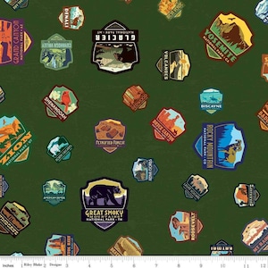 National Park Patches on Dark Green by Riley Blake, 100% Cotton Woven Fabric, Choose Your Cut