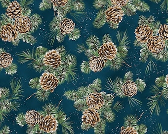 Cozy Cottage Pine Cones on Navy with Silver Metallic Accents, # V5192-19S - by Hoffman - 100% Cotton Woven Fabric - Choose Your Cut