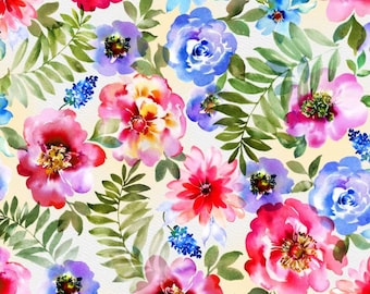 May include: A watercolor floral pattern featuring pink, red, blue, and yellow flowers with green leaves on a cream background.